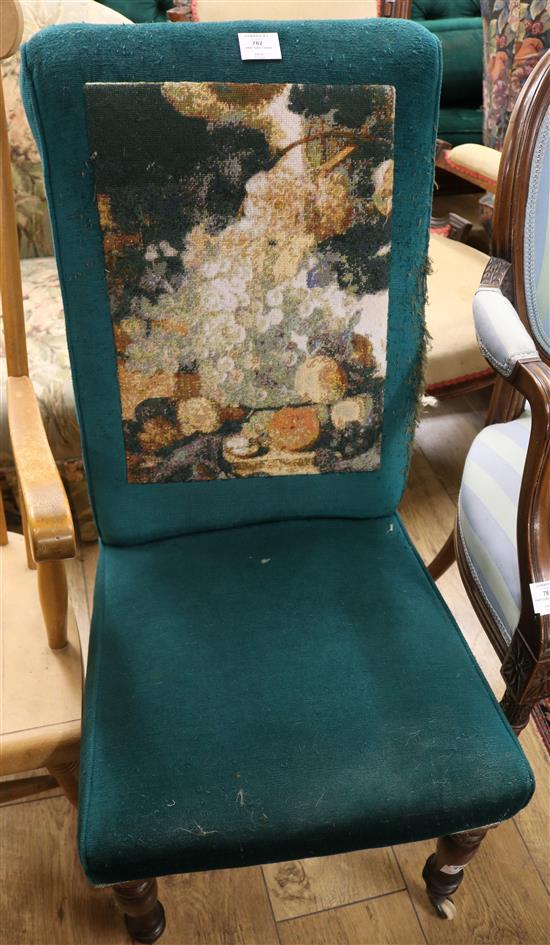 A Victorian mahogany prie dieu chair, upholstered in blue dralon